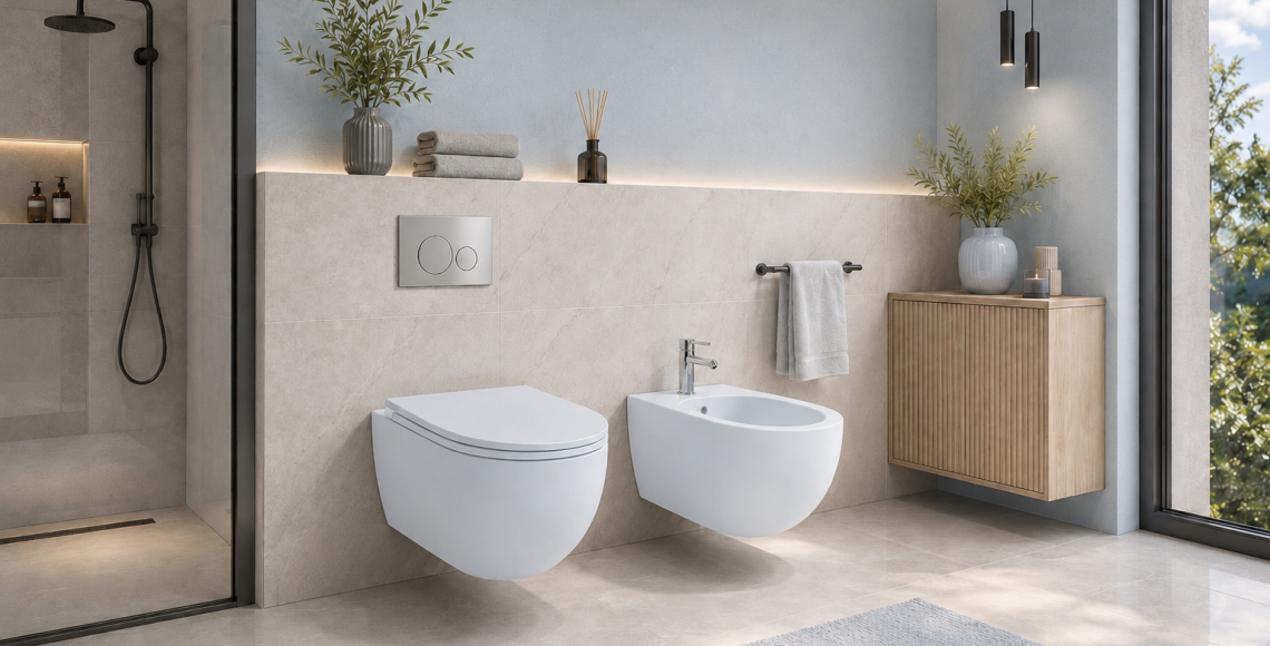 Saniterra Milano sky blue wall mounted toilet & bidet